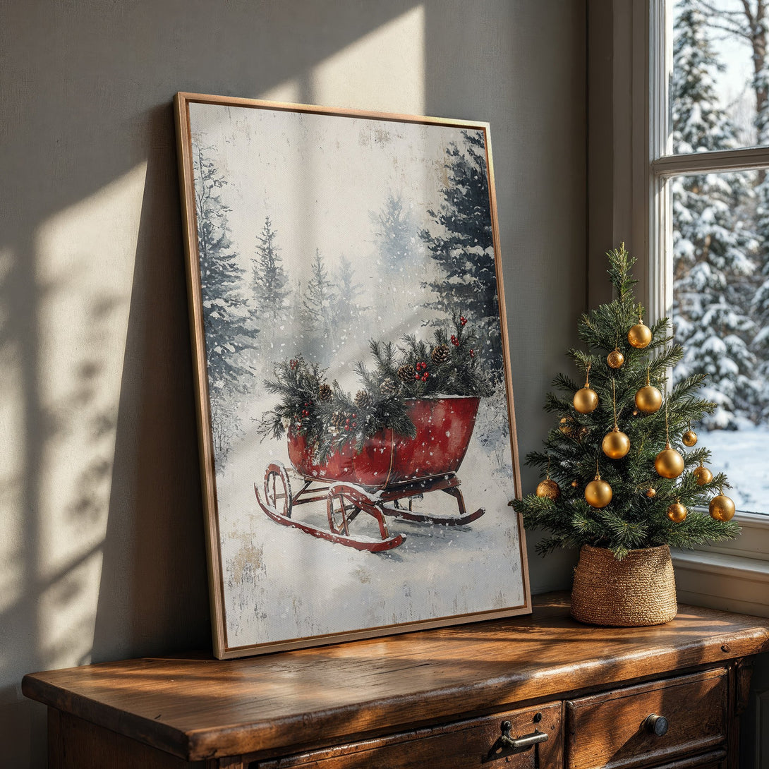 Framed Wall Art: Winter scene with a red sleigh in a snowy forest. Rustic style canvas print with a neutral and red color palette. Perfect for holiday decor.