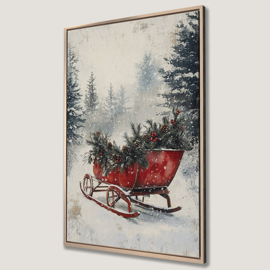Framed Wall Art: Winter scene with red sleigh and evergreen boughs. Rustic style with a neutral and red color palette. Perfect for holiday decor!