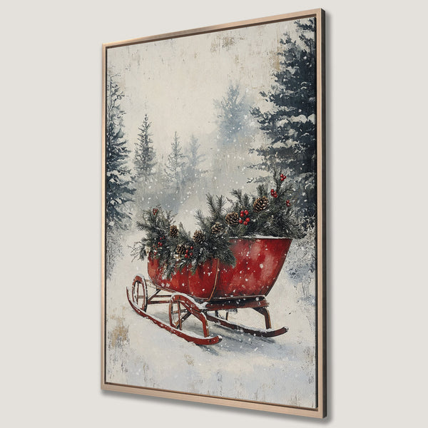 Framed Wall Art: Winter scene with red sleigh and evergreen boughs. Rustic style with a neutral and red color palette. Perfect for holiday decor!