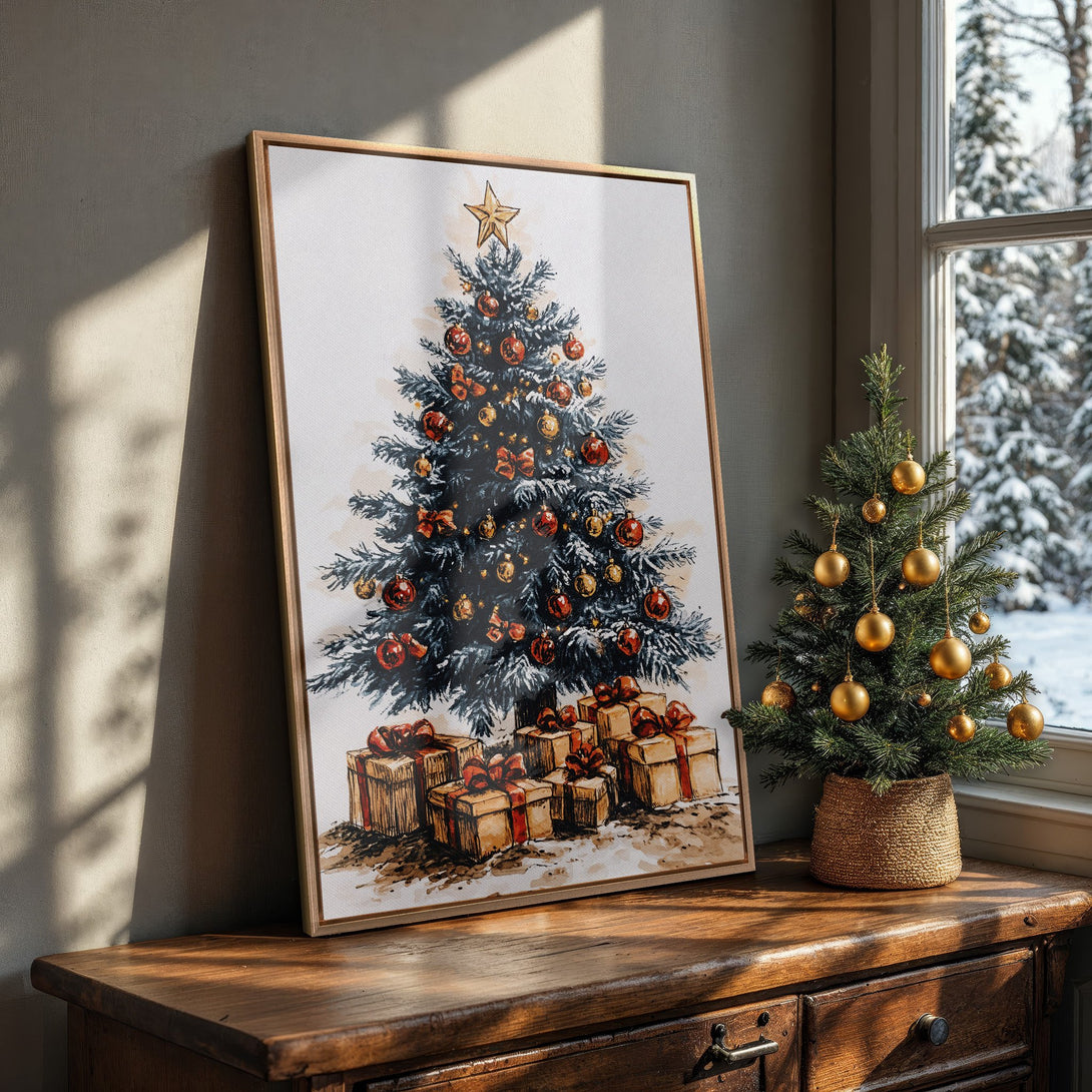Framed Wall Art: Watercolor Christmas tree print with red and gold ornaments. Warm, inviting color palette, perfect for holiday decor. Shop now!