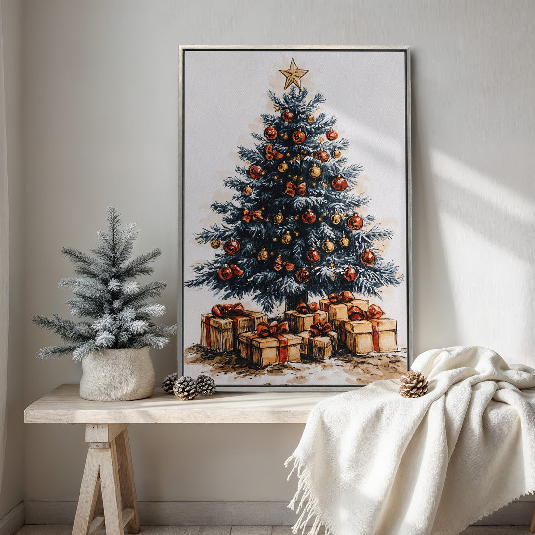 Framed Wall Art: Watercolor Christmas tree print with red & gold ornaments. Festive holiday decor in a warm, neutral color palette. Perfect for seasonal home styling.