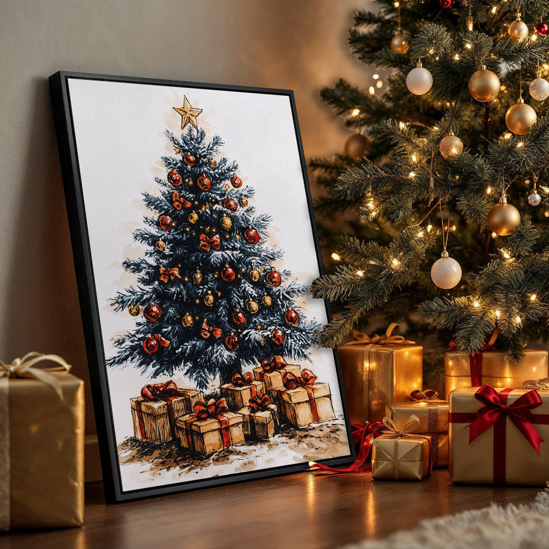 Framed Wall Art: Watercolor Christmas tree print with red, gold, and blue hues. Perfect holiday decor for a cozy, festive interior.