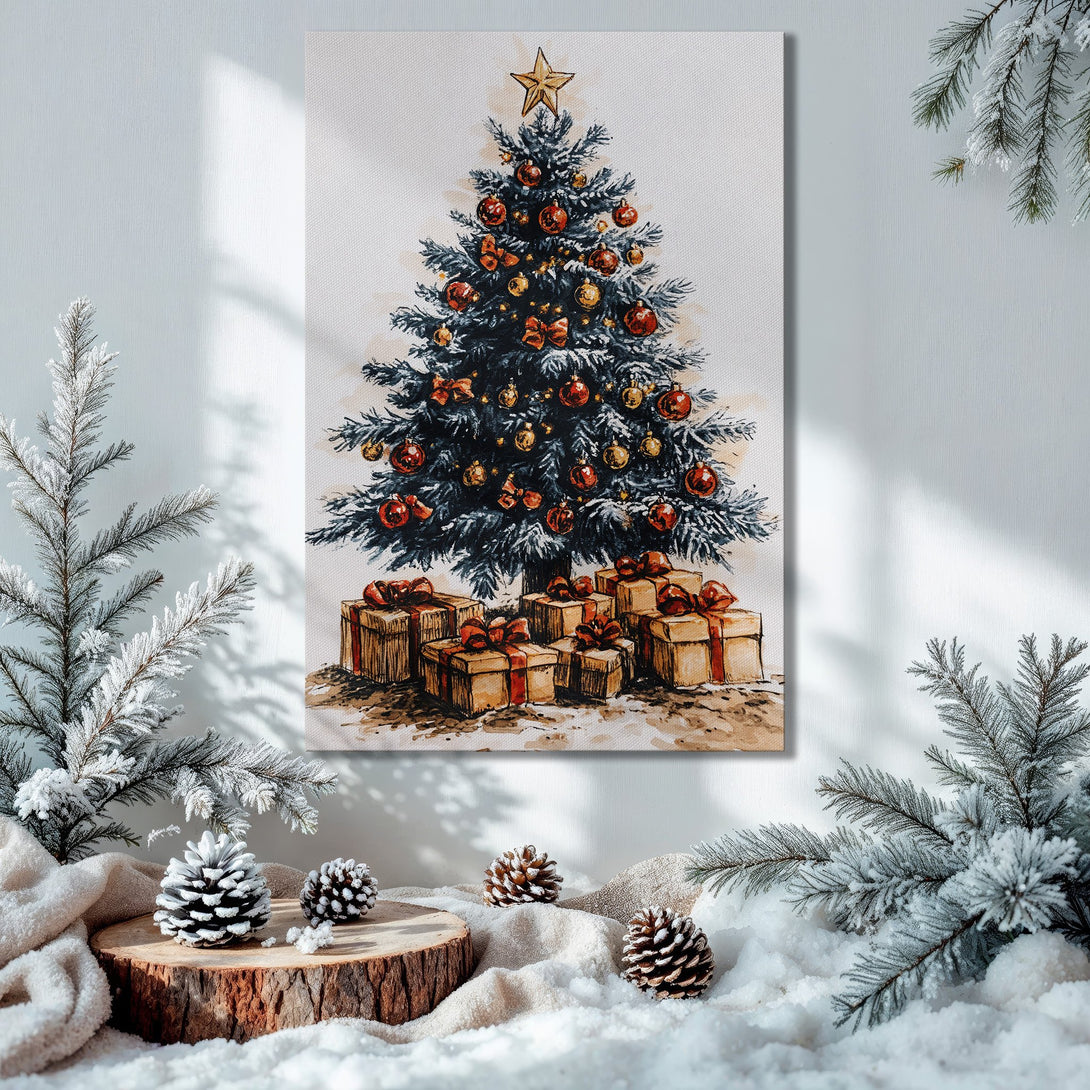 Framed Wall Art: Watercolor Christmas tree print with red & gold ornaments. Festive decor in a warm, inviting interior with a green & gold palette.