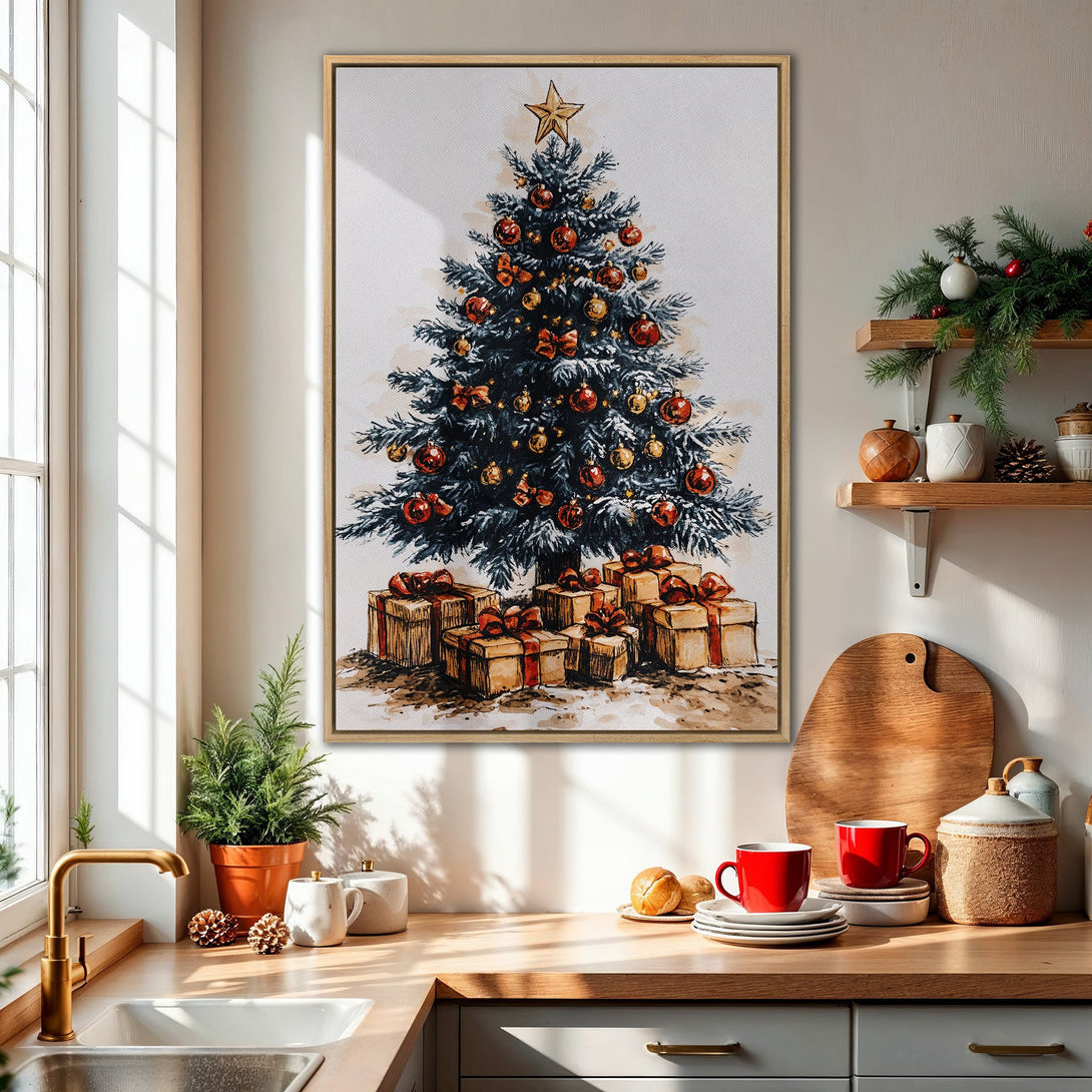 Framed Wall Art: Watercolor Christmas tree print with red and gold ornaments. Warm, inviting color palette perfect for holiday decor.