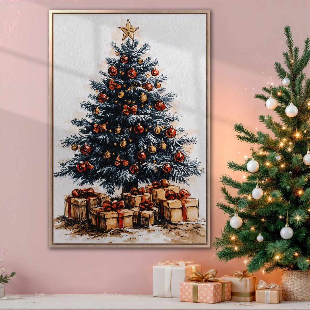 Framed Wall Art: Watercolor Christmas tree print with red & gold ornaments. Festive decor in a warm, inviting color palette. Perfect holiday gift!