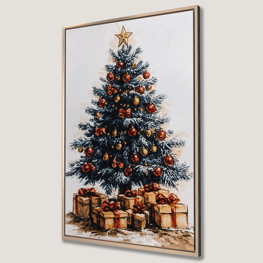 Framed Wall Art of a watercolor Christmas tree with red & gold ornaments. Rustic holiday decor in a warm, inviting color palette.