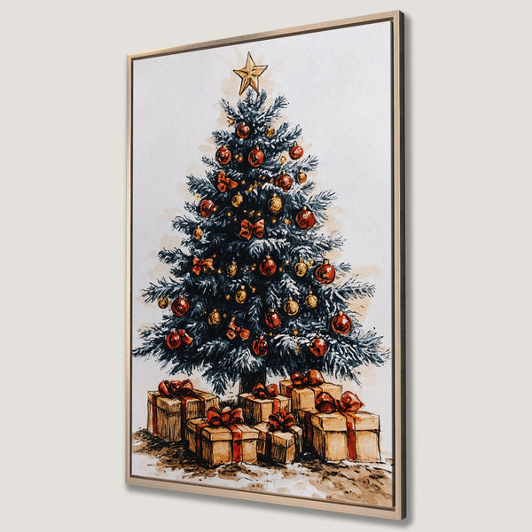 Framed Wall Art of a watercolor Christmas tree with red & gold ornaments. Rustic holiday decor in a warm, inviting color palette.