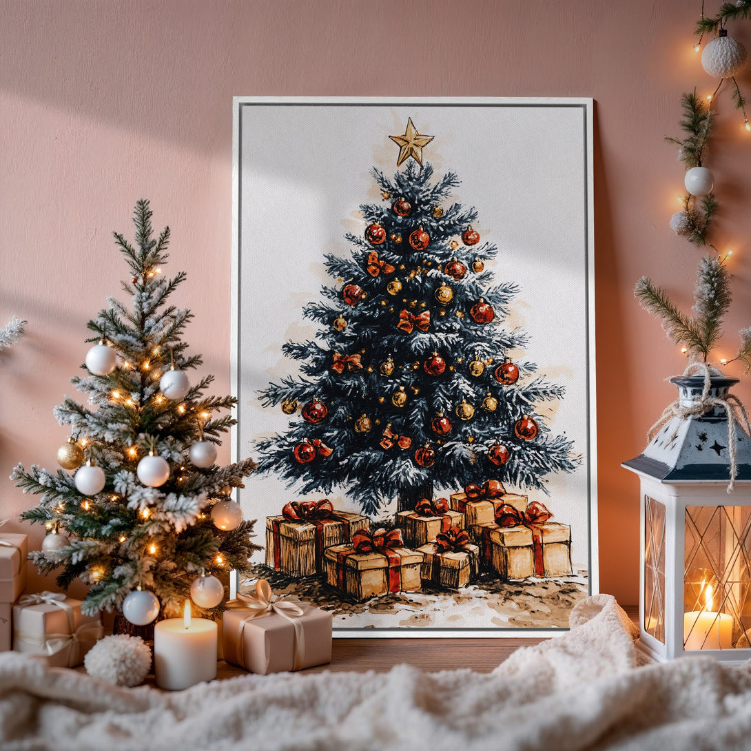 Framed Wall Art: Watercolor Christmas tree print in warm tones. Perfect holiday decor for a cozy, inviting space. Shop now for festive wall art!