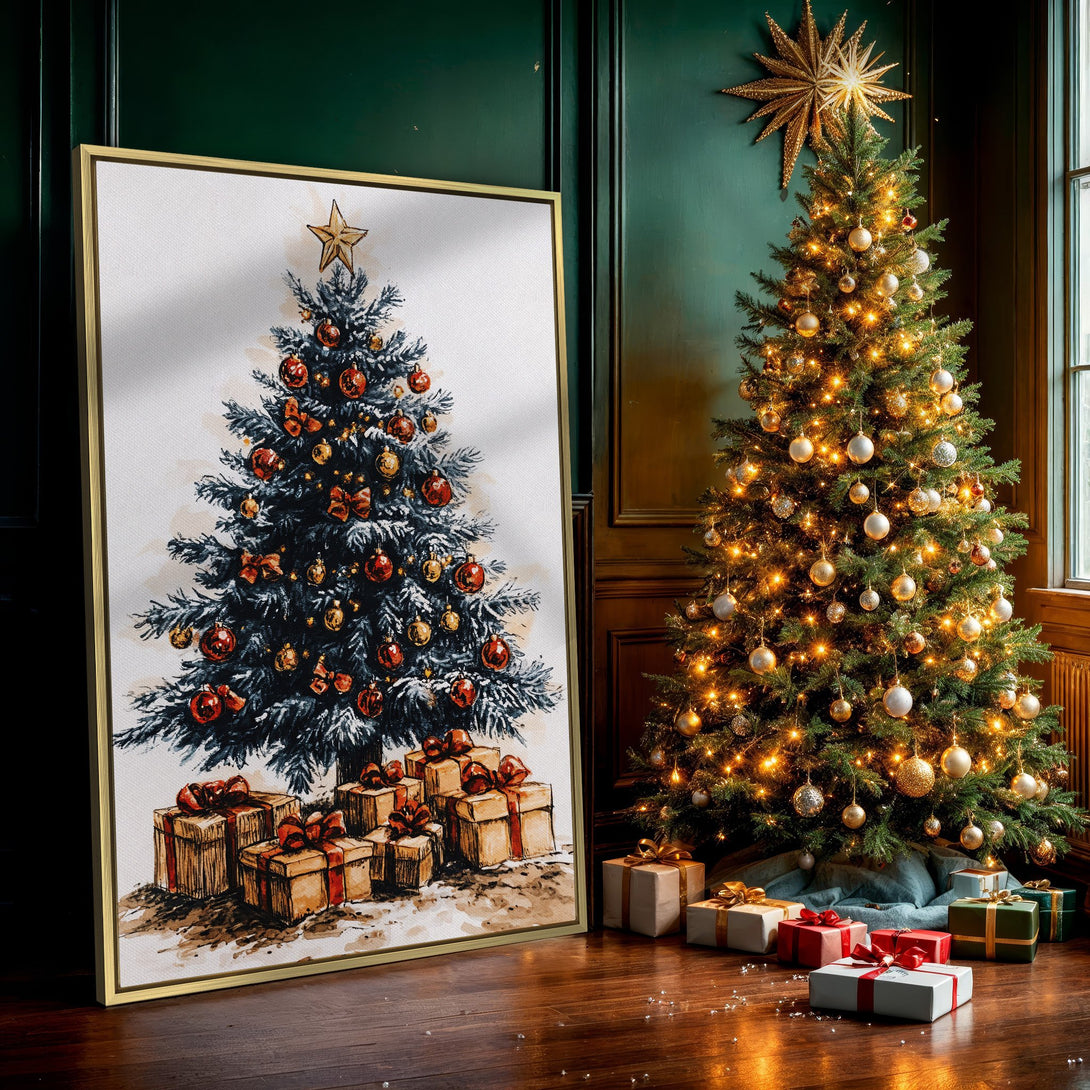 Canvas Print of a watercolor Christmas tree with gifts, featuring a warm red and gold palette, perfect for holiday decor.