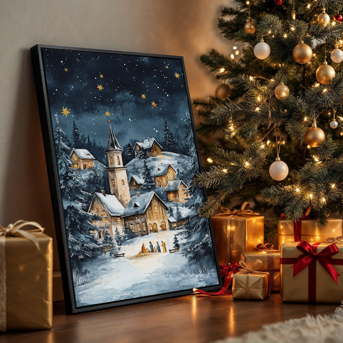 Framed Wall Art: Watercolor winter village scene with a dark blue and gold color palette. Perfect Christmas decor for a cozy, festive vibe.