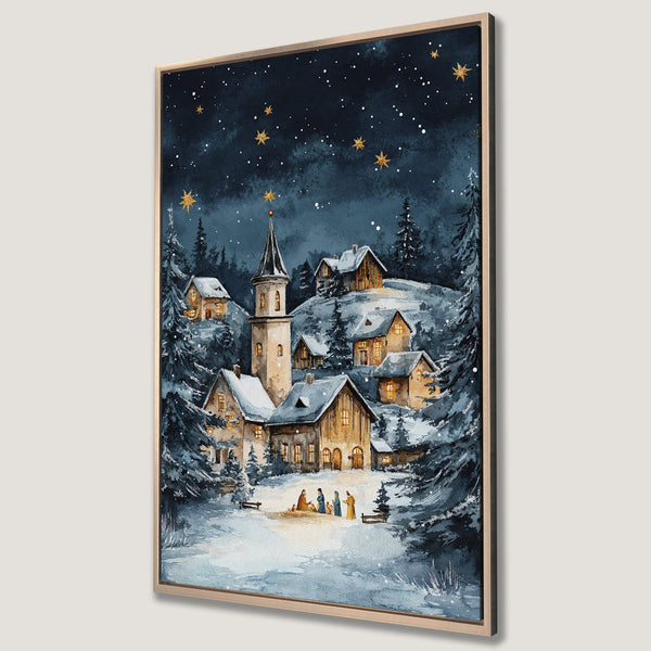 Framed Wall Art: Watercolor winter village scene with a nativity, featuring a dark blue and gold color palette. Perfect Christmas decor!