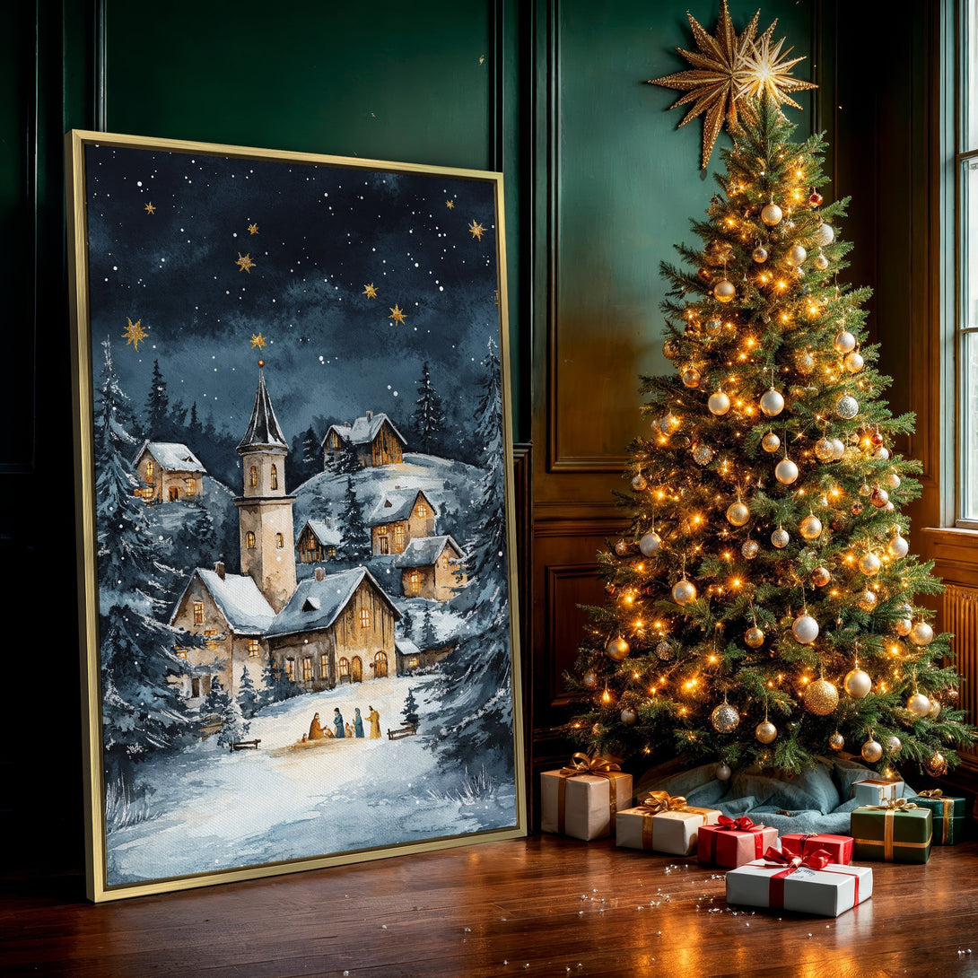 Canvas Print of a winter village scene in watercolor style, featuring a snowy landscape and a warm, inviting color palette. Perfect for holiday decor!