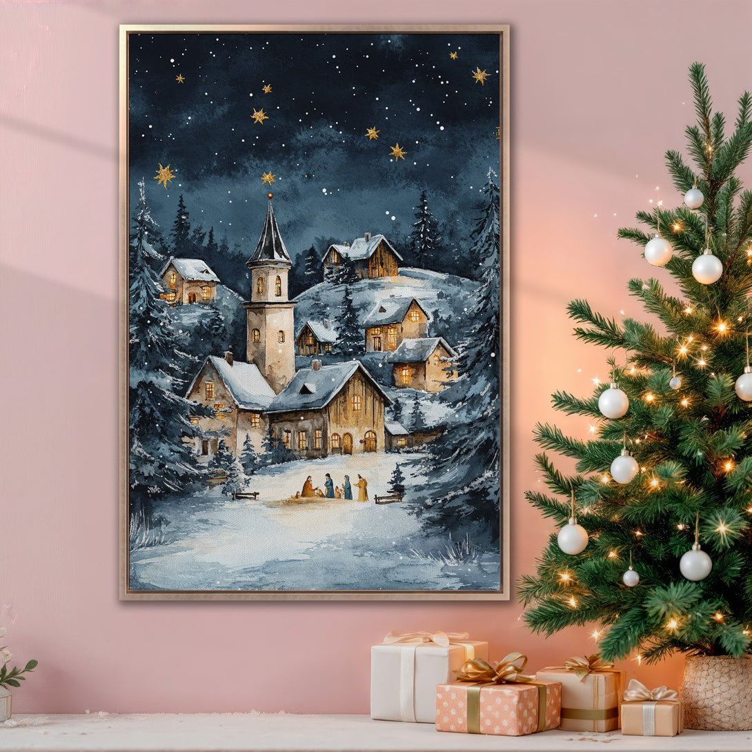 Framed Wall Art: Watercolor winter village scene in blue and gold, perfect for Christmas decor. Adds cozy charm to any room.
