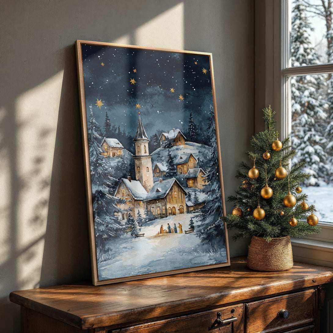 Framed Wall Art: Watercolor winter village scene in blue & gold. Perfect holiday decor! Add warmth & charm to your home with this canvas print.