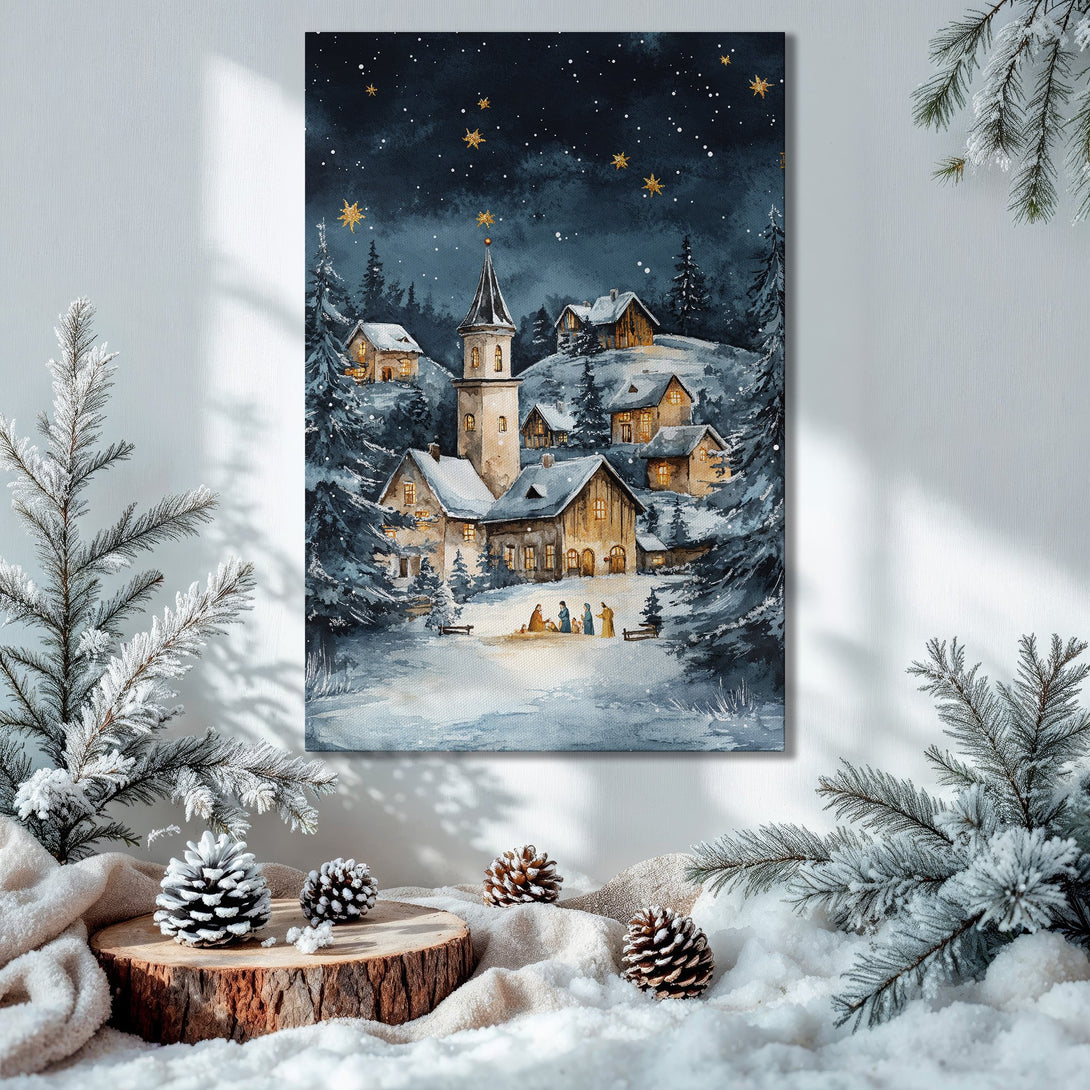 Framed Wall Art: Watercolor winter village scene in blue and gold tones. Perfect Christmas decor, adds warmth and charm to any space.