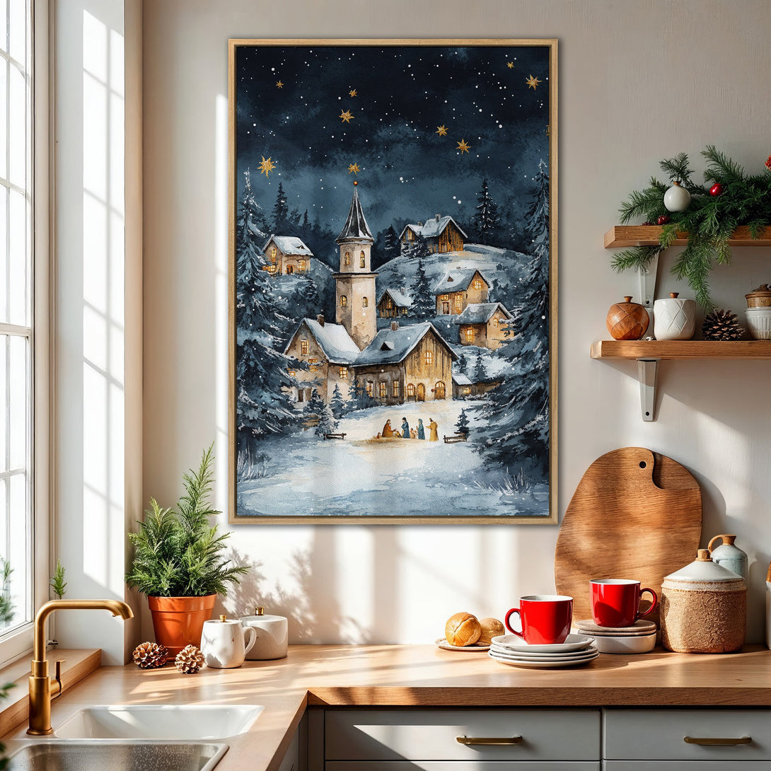 Framed Wall Art: Watercolor winter village scene in blue, white, and gold. Perfect Christmas decor for your home. Add warmth and charm to any room.