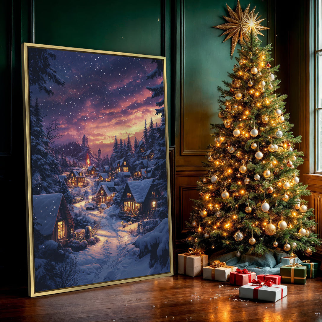 Canvas Print: Winter village scene with warm lights. Cozy art in a snowy landscape, featuring a sunset color palette. Perfect for holiday decor.