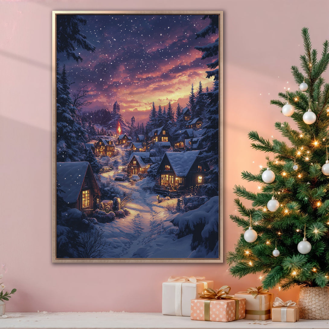 Framed Wall Art: Winter village scene in a warm, painterly style. Featuring a snowy landscape with a sunset color palette, perfect for holiday decor.