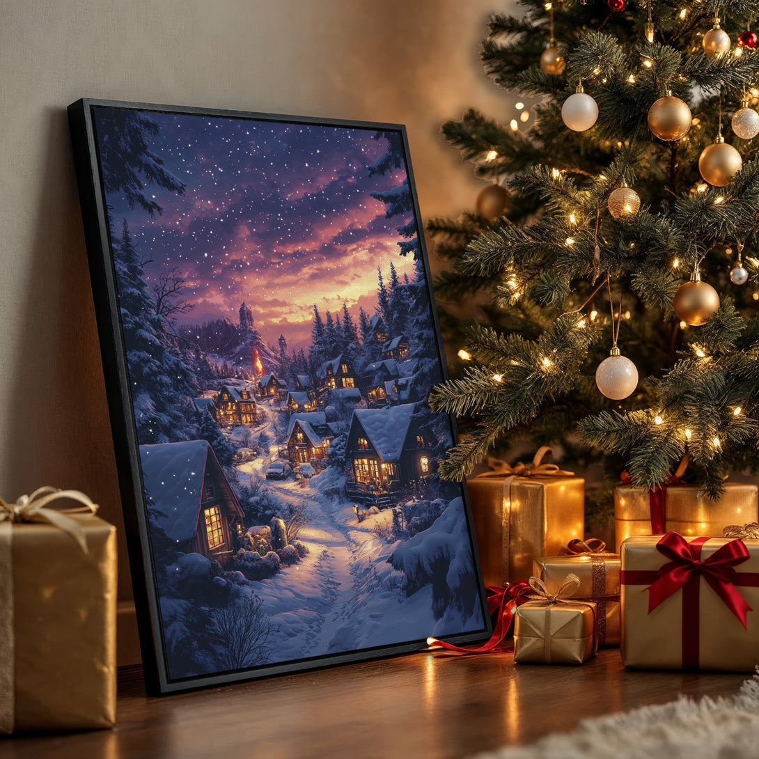 Framed Wall Art of a snowy village scene with a warm, inviting color palette. Perfect Christmas decor! Add cozy charm to your home with this Canvas Print.