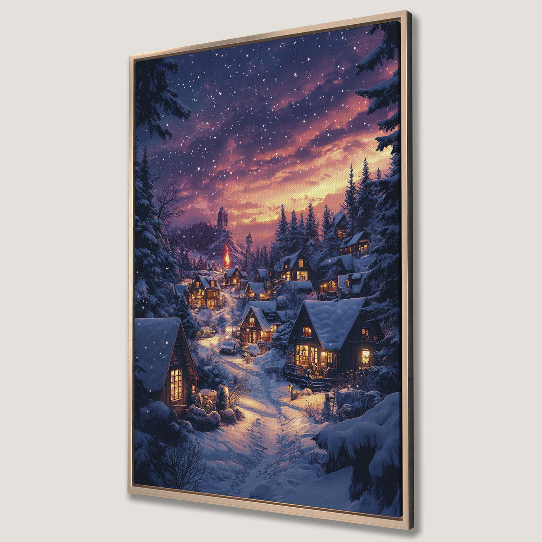 Framed Wall Art: Winter village scene with snow-covered houses, warm lights, and a starry sky. Beautiful canvas print in a blue, orange, and white color palette.