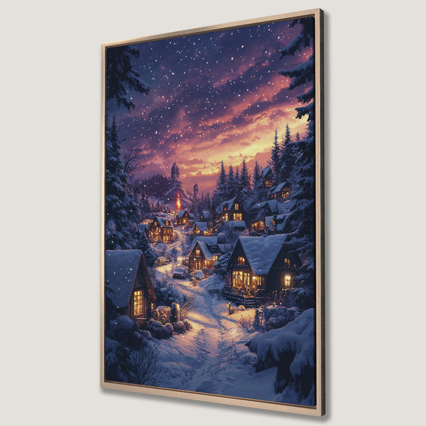 Framed Wall Art: Winter village scene with snow-covered houses, warm lights, and a starry sky. Beautiful canvas print in a blue, orange, and white color palette.