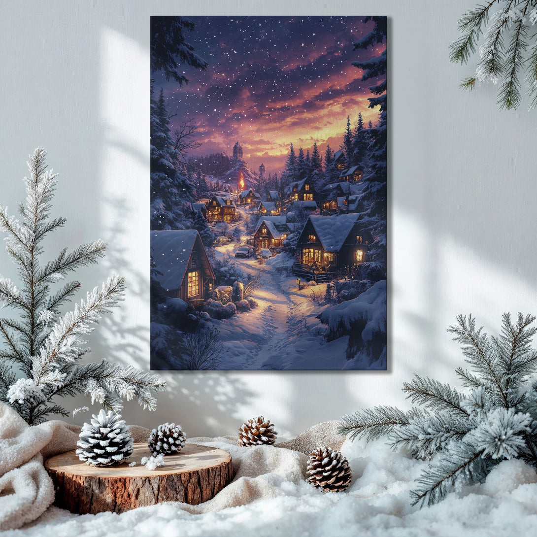 Framed Wall Art: Winter village scene with warm glow, starry sky, and snowy landscape. Perfect for cozy holiday decor.