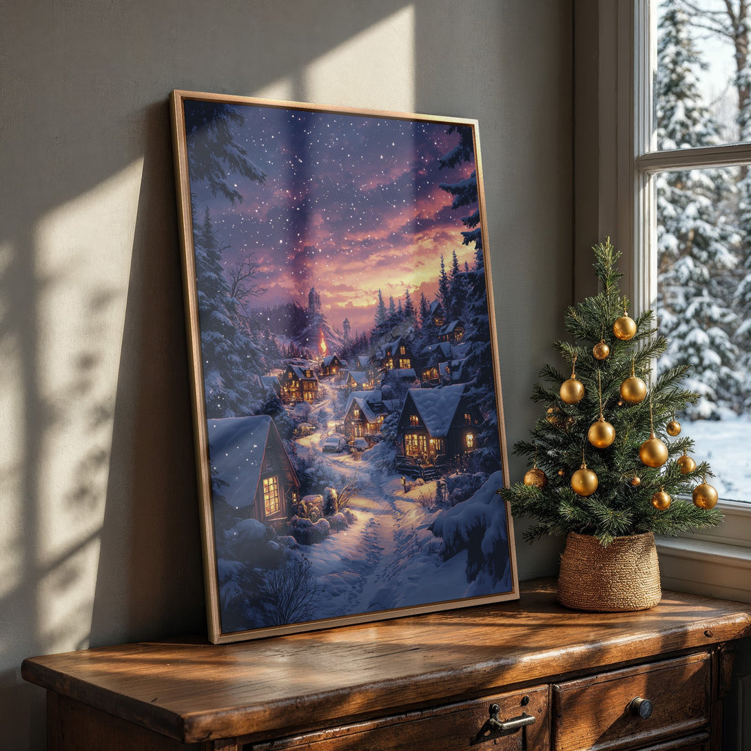 Framed Wall Art: Winter village scene with snow, warm lights, and a sunset sky. Cozy art in blue, purple, and gold tones. Perfect for holiday decor.
