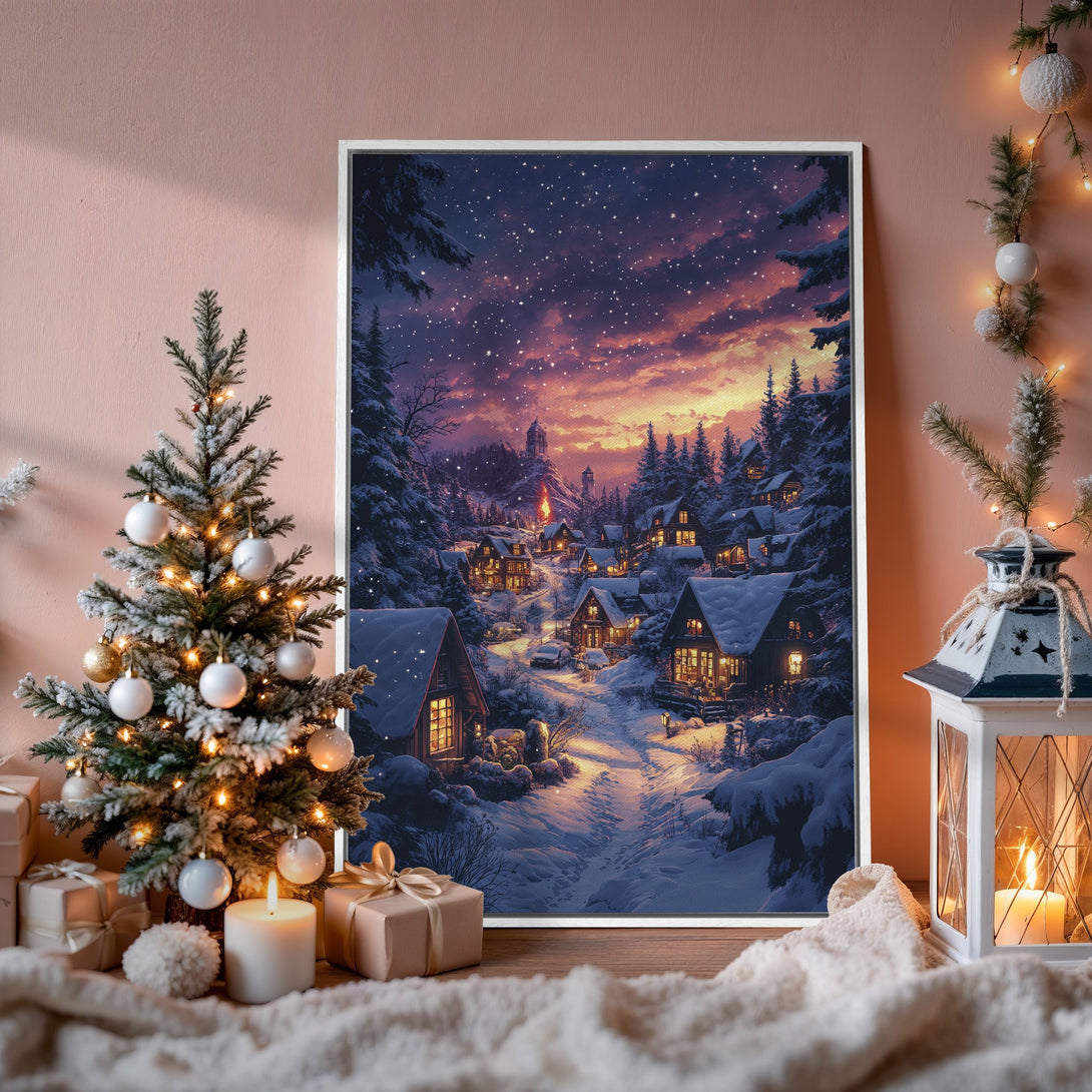 Framed Wall Art: Winter village scene in a warm, inviting style. Featuring a snowy landscape with a sunset color palette of blues, oranges, and whites. Perfect holiday decor.