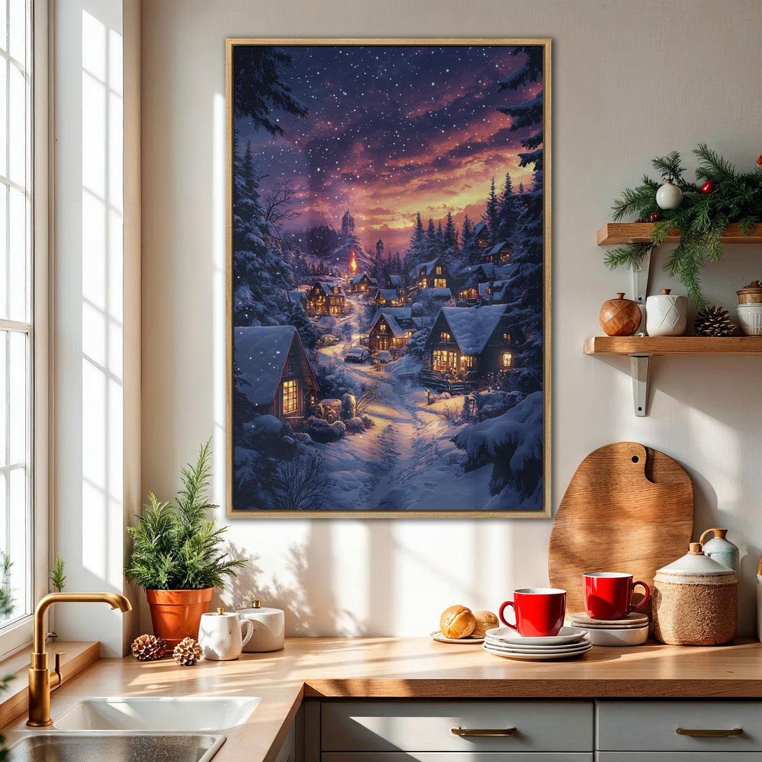 Framed Wall Art: Winter village scene with snowy houses under a starry sky. Warm, inviting color palette with blues, oranges, and yellows. Perfect for cozy decor.
