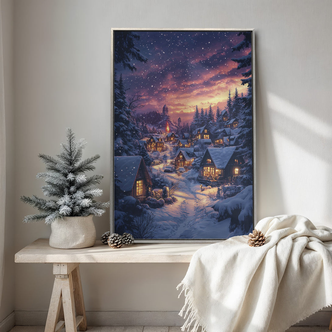 Framed Wall Art of a winter village scene in a dreamy style with a warm, sunset color palette. Perfect cozy home decor!