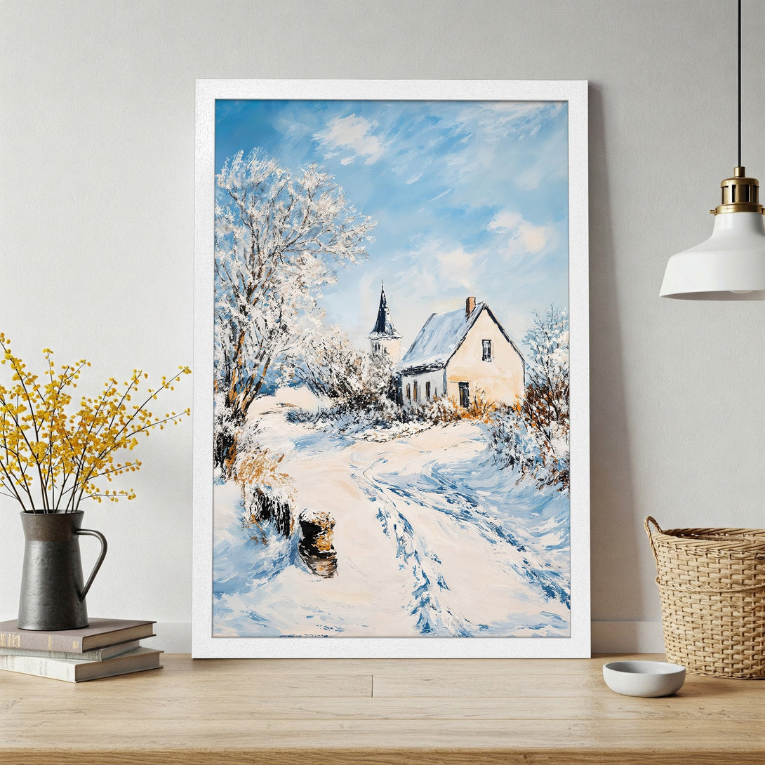 Framed Poster of a winter landscape painting, featuring a snow-covered scene with a house and church. Blue, white, and beige color palette.