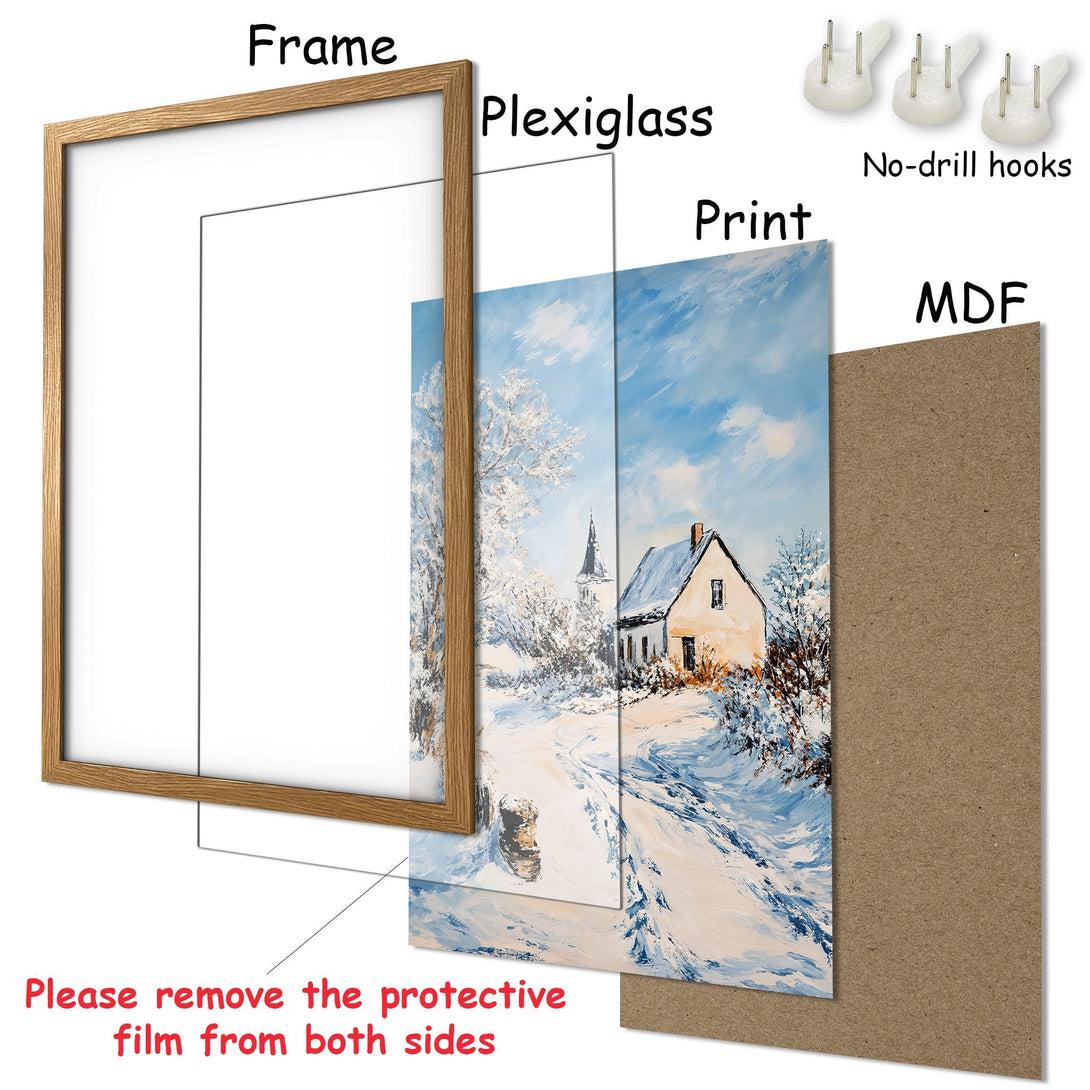 Framed Poster of a winter landscape painting. Features a cozy cabin in a snowy scene with a blue and white color palette. Ready to hang!