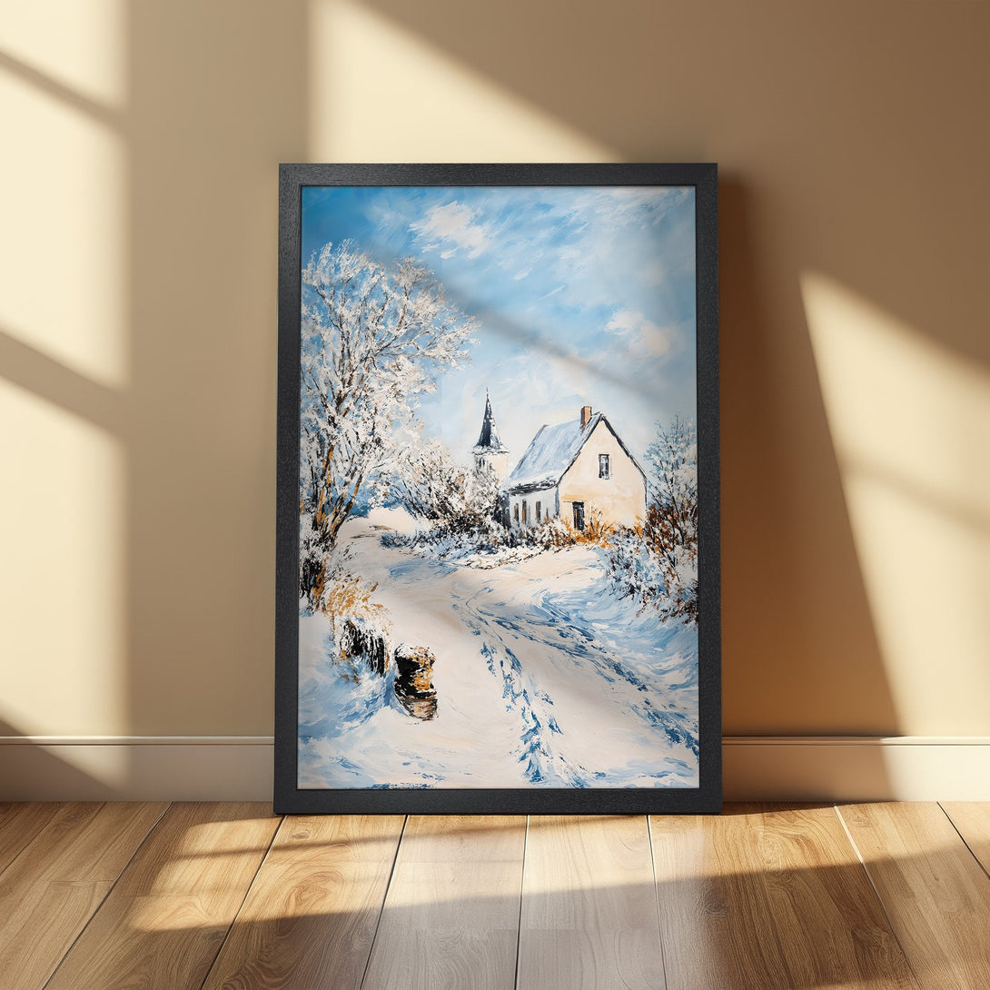 Framed Poster featuring a winter landscape painting with a house, in a blue and white color palette.