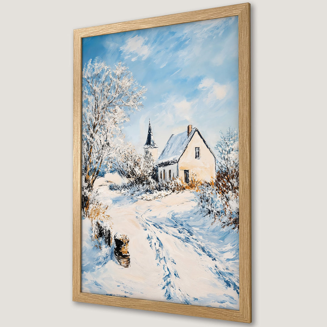 Framed Poster of a winter landscape painting. Features a snowy scene with a house, blue sky, and cool color palette. Perfect for home decor!