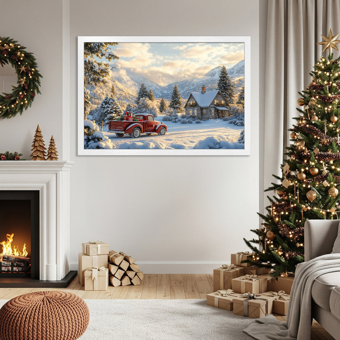 Framed Poster featuring a winter scene with a red truck, cabin, and snowy mountains. Warm, inviting style with a neutral color palette.