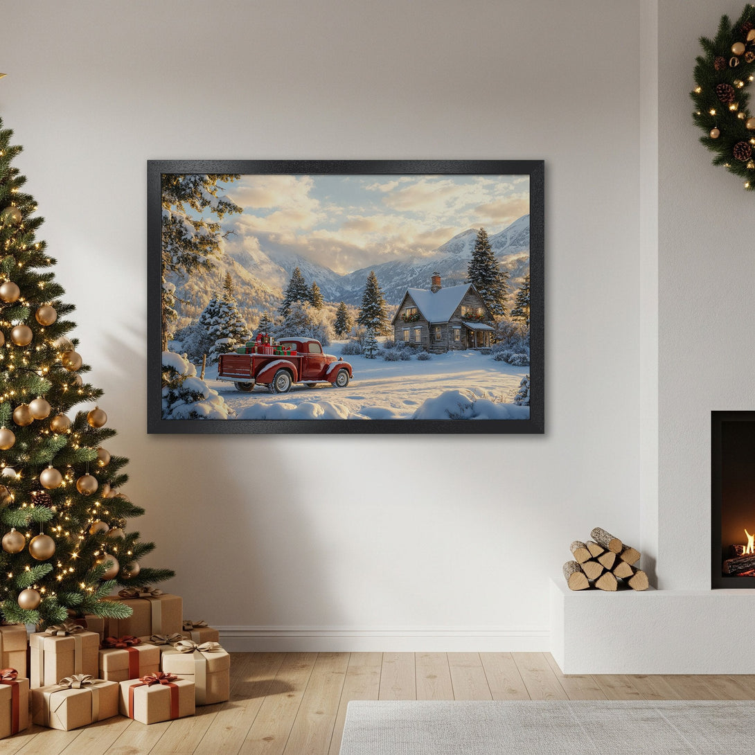 Framed Poster of a winter scene with a red truck, cabin, and snowy mountains. Warm, inviting style with a neutral color palette. Perfect holiday decor.