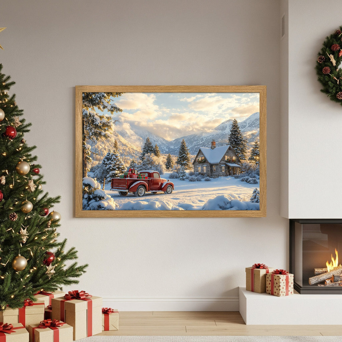 Framed Poster featuring a winter scene with a red truck, cabin, and mountains. Warm, inviting color palette. Perfect holiday decor!