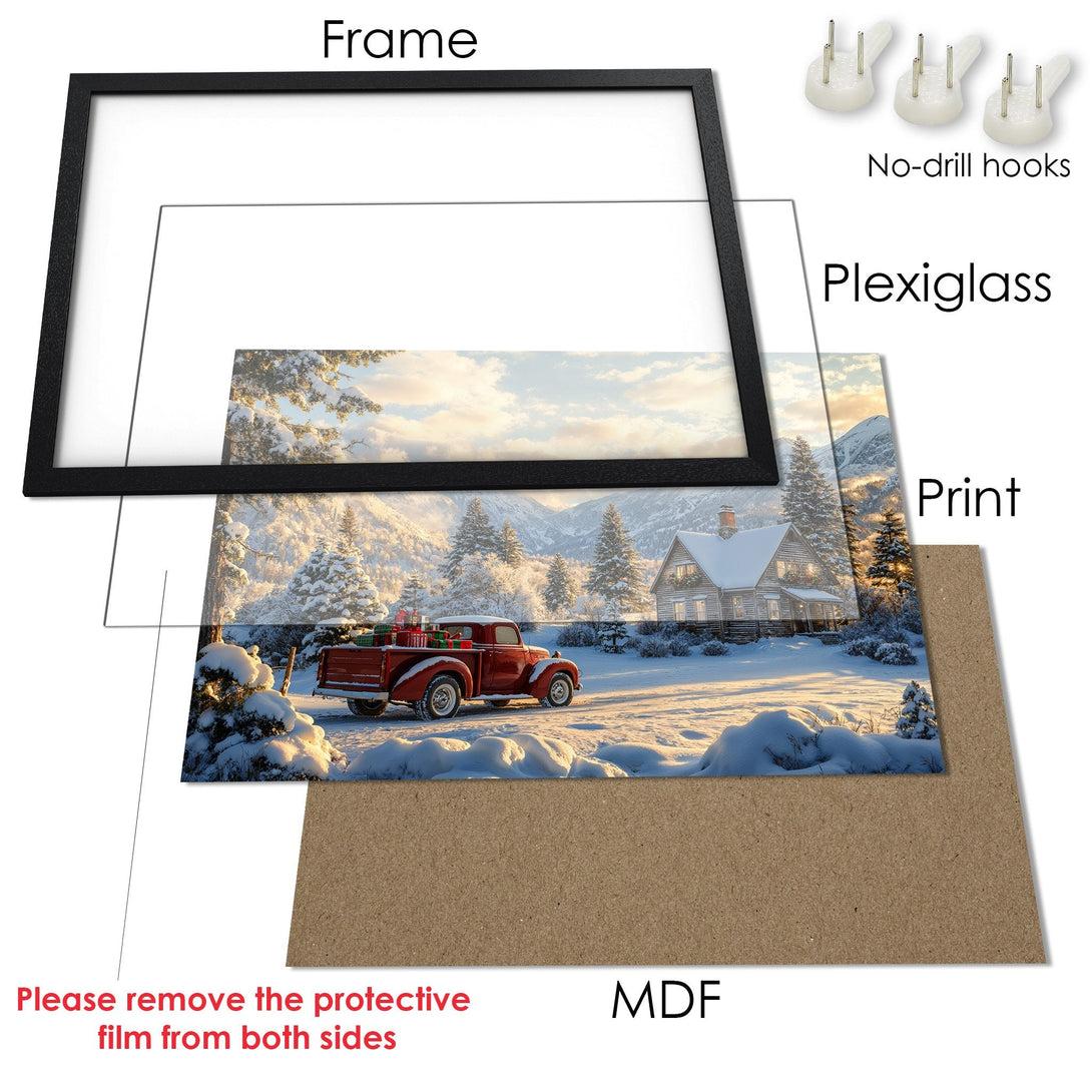 Framed Poster featuring a winter scene with a red truck, snowy landscape, and warm color palette. Perfect wall art!