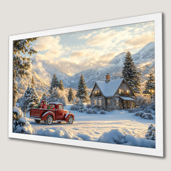 Framed Poster of a winter scene with a red truck, cabin, and snow-covered mountains. Warm, inviting color palette. Perfect holiday wall art!