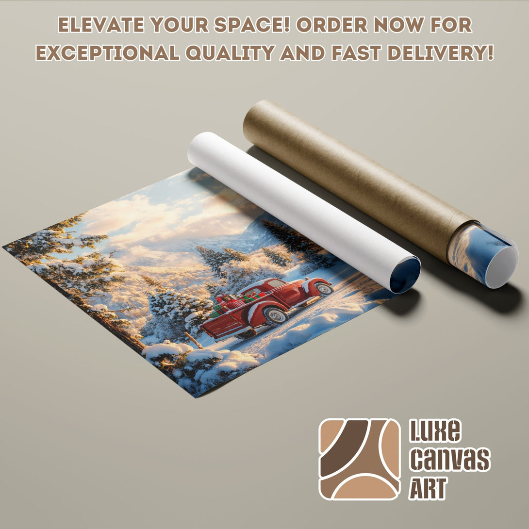 Poster Roll of a red truck in a snowy landscape, warm colors, perfect for home decor.