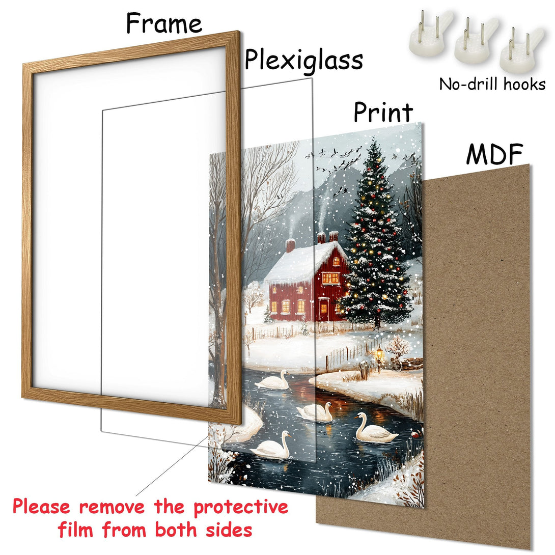 Framed Poster featuring a winter scene with a red house, swans, and a snowy landscape. Earthy tones and a cozy, inviting style.