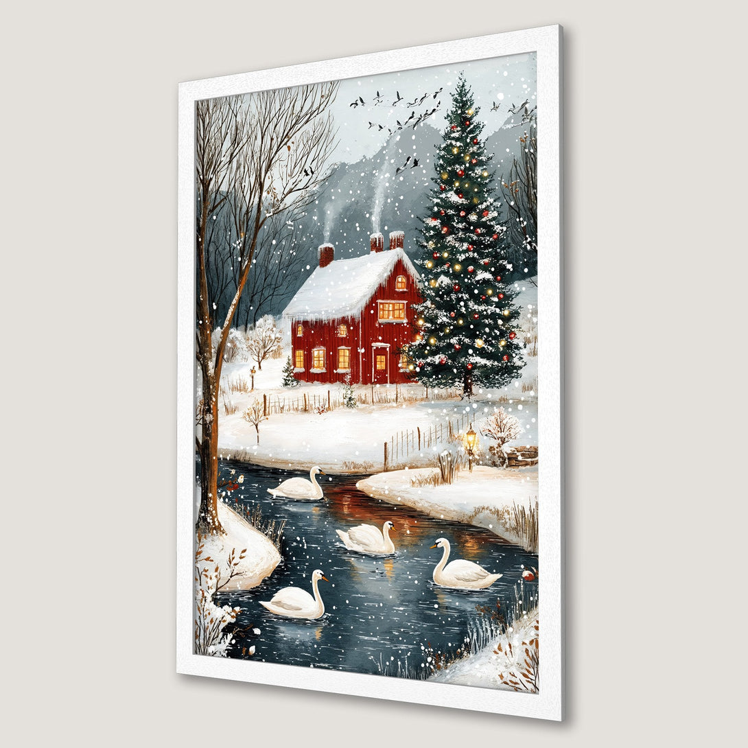 Framed Poster of a winter scene with a red house, swans, and a Christmas tree. Watercolor style, cool color palette. Decorate your home!
