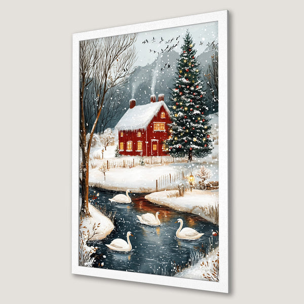 Framed Poster of a winter scene with a red house, swans, and a Christmas tree. Watercolor style, cool color palette. Decorate your home!