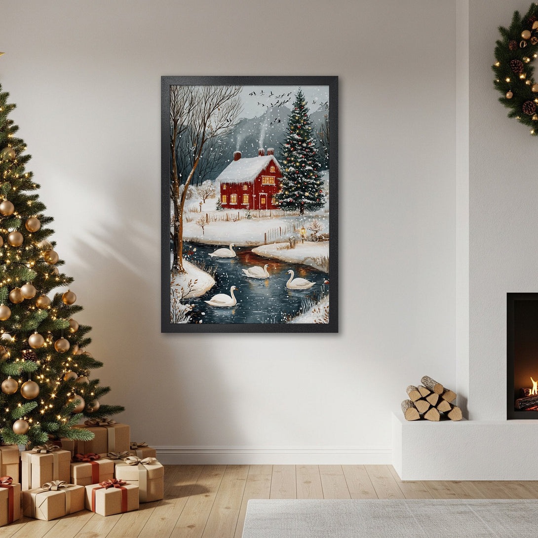 Framed Poster of a winter scene with a red house, swans, and a Christmas tree. Cozy style, cool color palette. Perfect holiday decor!