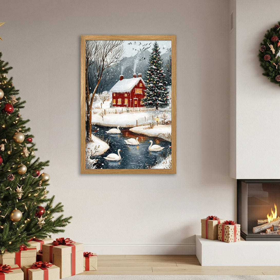Framed Poster of a winter scene with a red house, swans, and a Christmas tree. Cozy, inviting style with a warm color palette.
