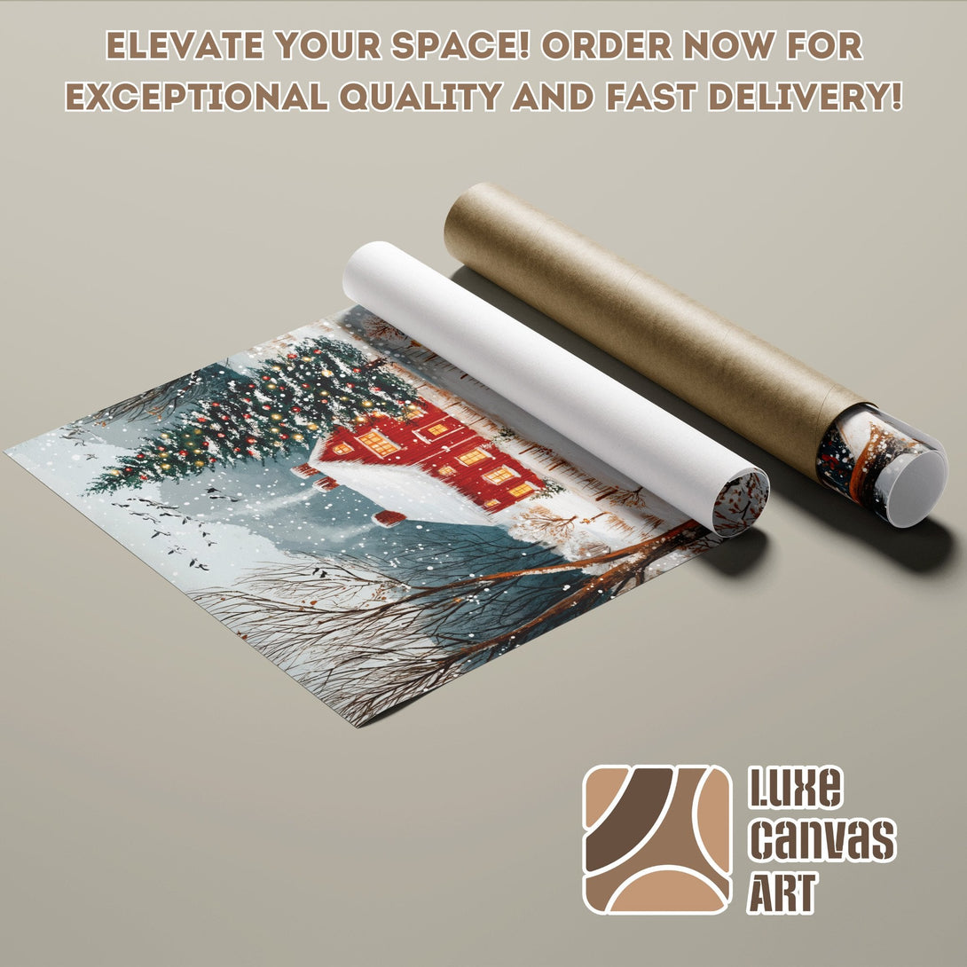 Poster Roll featuring a winter scene with a red house, in a painterly style with cool tones. Order now!