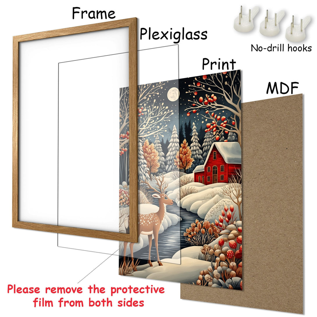 Framed Poster of a winter scene with a deer, red house, and snowy landscape. Features a neutral color palette with pops of red.