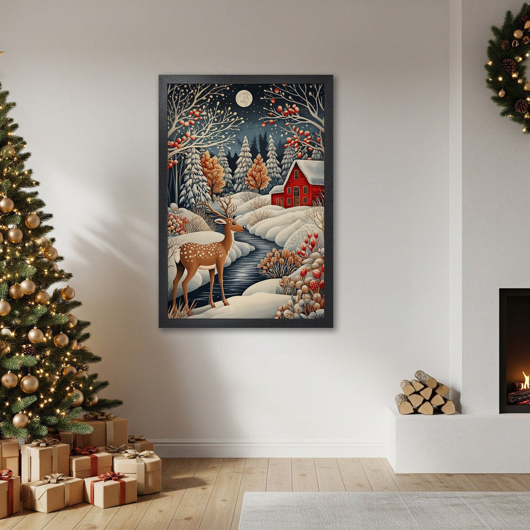Framed Poster featuring a winter scene with a deer, red house, and snowy landscape. Artistic style, blue, red, and white color palette. Perfect for holiday decor.