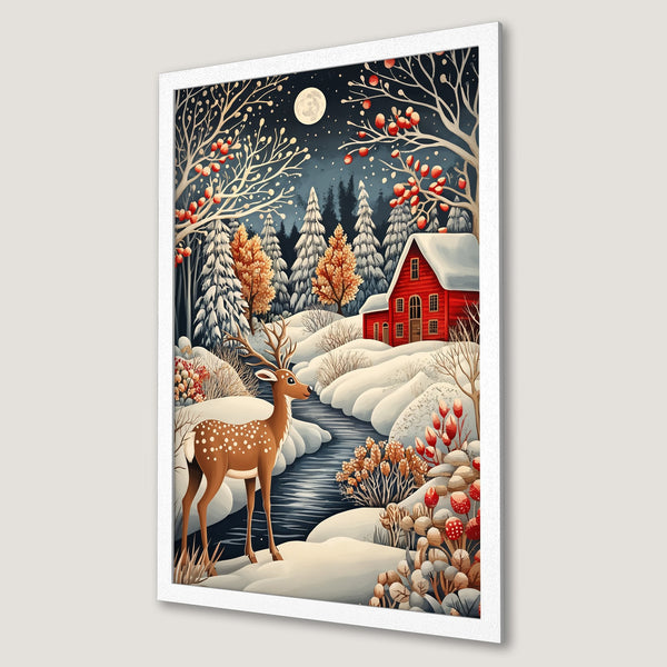 Framed Poster: Winter scene with deer, red house, and snowy landscape. Cozy art in a whimsical style with a blue, red, and brown color palette.