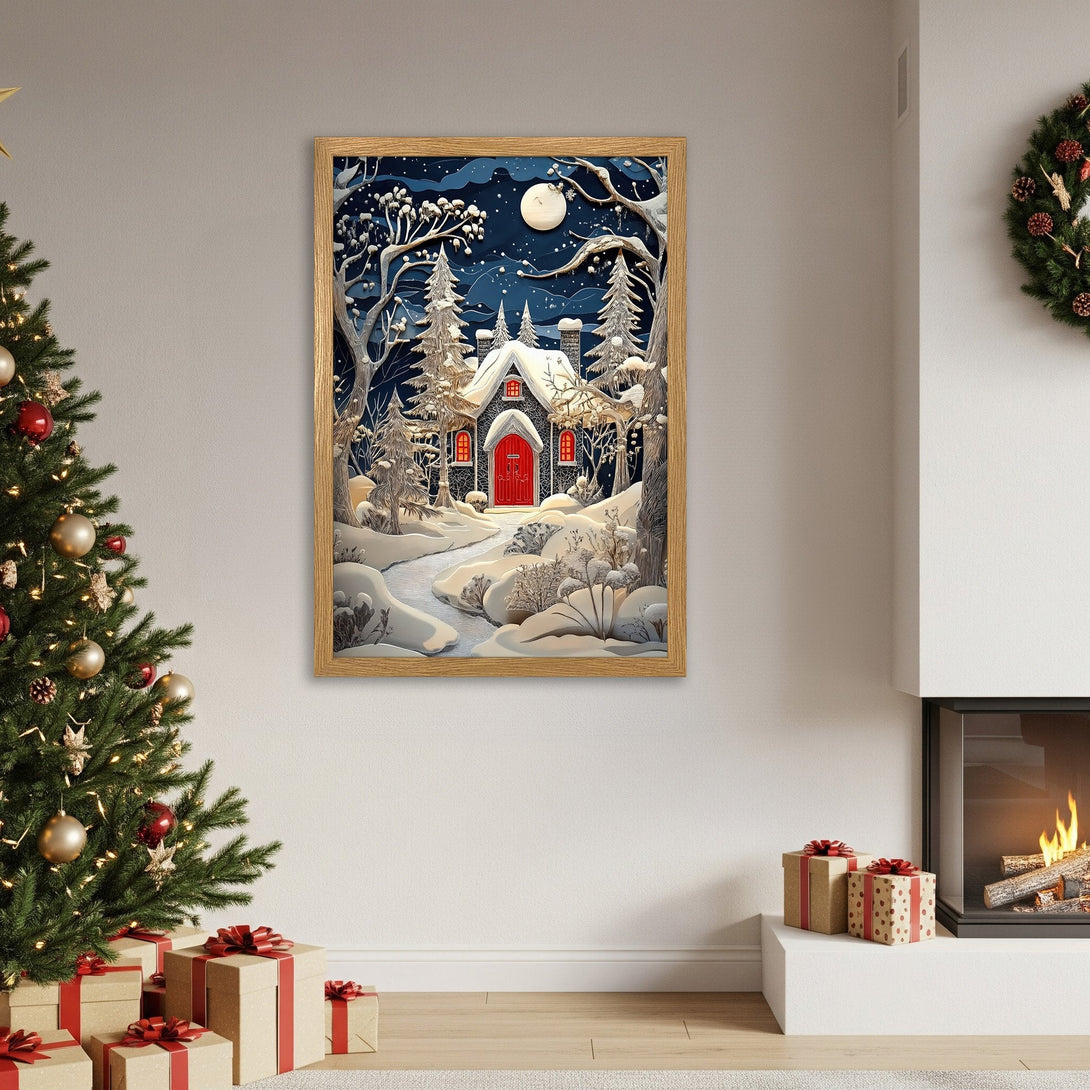Framed Poster of a winter cabin scene in a whimsical style with a blue, white, and red color palette. Perfect for holiday decor!